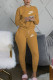 Light Coffee Casual Letter Embroidery Basic O Neck Long Sleeve Two Pieces