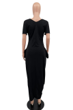 Blue Casual Solid Patchwork V Neck Straight Dresses