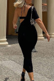 Red Sexy Solid Hollowed Out Patchwork Asymmetrical One Shoulder Pencil Skirt Dresses
