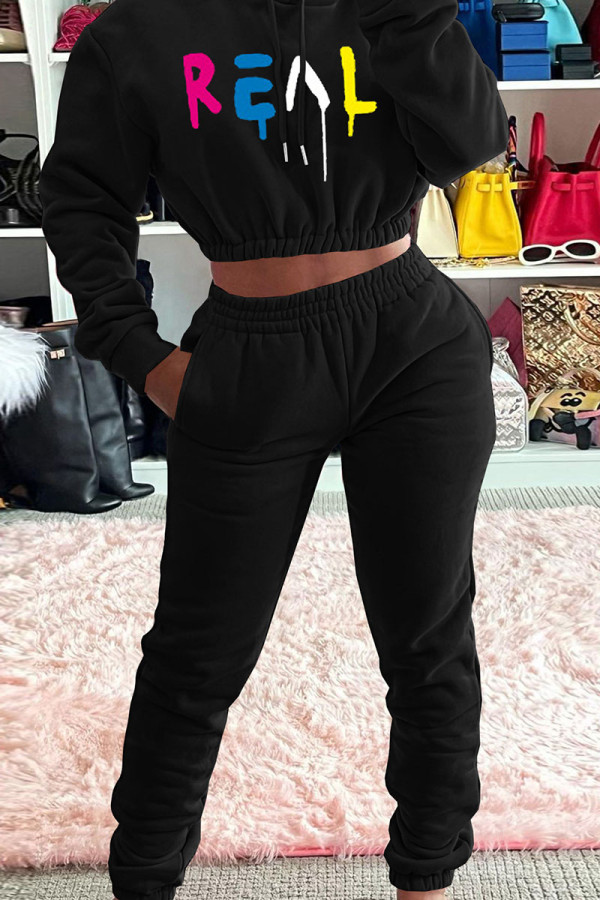 Black Casual Print Patchwork Hooded Collar Long Sleeve Two Pieces