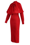 Green Elegant Solid Patchwork Fold With Bow Zipper Turtleneck Evening Dress Dresses