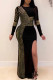 Gold Fashion Sexy Patchwork Hot Drilling Slit O Neck Long Sleeve Dresses