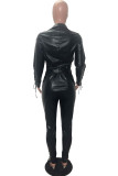 Black Fashion Casual Adult Faux Leather Solid Draw String Turndown Collar Long Sleeve Regular Sleeve Regular Two Pieces