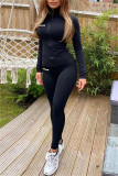 Black Casual Sportswear Solid Patchwork Zipper Collar Long Sleeve Two Pieces