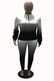 Black Casual Gradual Change Patchwork Hooded Collar Plus Size Two Pieces