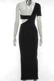 Red Sexy Solid Hollowed Out Patchwork Asymmetrical One Shoulder Pencil Skirt Dresses