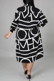 Black Fashion Casual Plus Size Print Basic Turndown Collar Shirt Dress