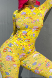 Yellow Sexy Print Patchwork Turtleneck Long Sleeve Two Pieces