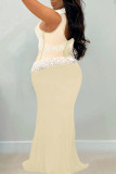 Apricot Sexy Plus Size Hot Drilling Split Joint See-through Turtleneck Evening Dress