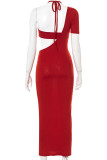 Red Sexy Solid Hollowed Out Patchwork Asymmetrical One Shoulder Pencil Skirt Dresses