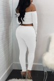 White Casual Solid Split Joint Off the Shoulder Long Sleeve Two Pieces