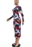 Multicolor Casual Print Patchwork Zipper Collar One Step Skirt Dresses