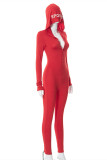Red Fashion Casual Letter Embroidery Solid Color Hooded Collar Skinny Jumpsuits