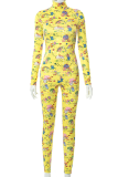 Yellow Sexy Print Patchwork Turtleneck Long Sleeve Two Pieces