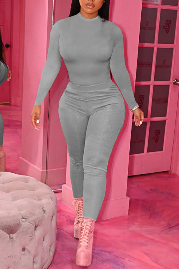 Grey Sexy Solid Patchwork O Neck Long Sleeve Two Pieces