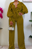 Yellow Casual Print Patchwork V Neck Straight Jumpsuits