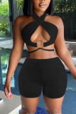 Black Sexy Solid Hollowed Out Patchwork Frenulum Halter Sleeveless Two Pieces