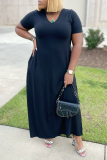 Blue Casual Solid Patchwork V Neck Straight Dresses