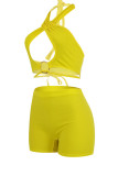 Yellow Sexy Solid Hollowed Out Patchwork Frenulum Halter Sleeveless Two Pieces