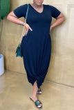 Blue Casual Solid Patchwork V Neck Straight Dresses