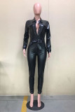 Black Casual Solid With Belt Turn-back Collar Jumpsuits