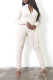 White Casual Print Solid Patchwork Frenulum Fold Zipper Collar Regular Jumpsuits