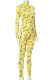 Yellow Sexy Print Patchwork Turtleneck Long Sleeve Two Pieces