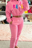Pink Casual Print Patchwork Hooded Collar Long Sleeve Two Pieces