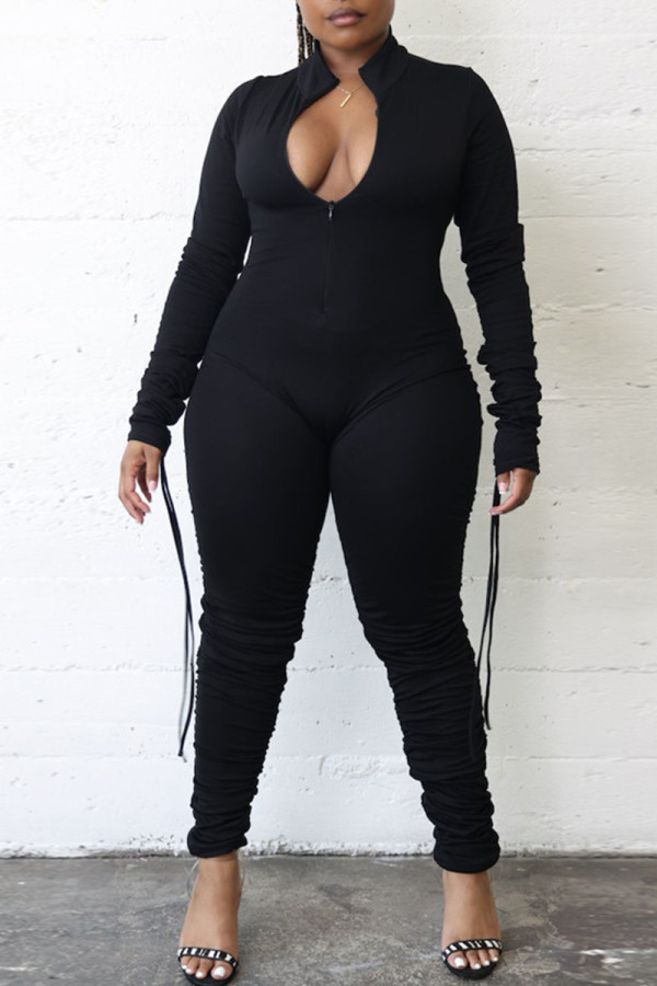 Black Casual Print Solid Patchwork Frenulum Fold Zipper Collar Regular Jumpsuits