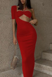 Red Sexy Solid Hollowed Out Patchwork Asymmetrical One Shoulder Pencil Skirt Dresses