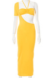 Red Sexy Solid Hollowed Out Patchwork Asymmetrical One Shoulder Pencil Skirt Dresses