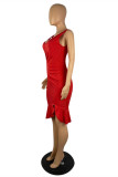 Red Sexy Casual Solid Flounce V Neck Sleeveless Dress