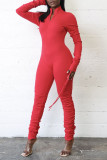 Red Casual Print Solid Patchwork Frenulum Fold Zipper Collar Regular Jumpsuits