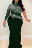 Apricot Sexy Plus Size Hot Drilling Split Joint See-through Turtleneck Evening Dress