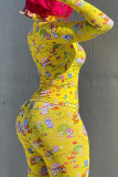 Yellow Sexy Print Patchwork Turtleneck Long Sleeve Two Pieces