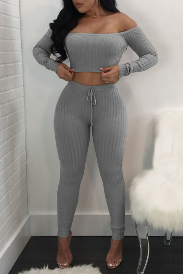 Grey Casual Solid Split Joint Off the Shoulder Long Sleeve Two Pieces