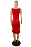 Red Sexy Casual Solid Flounce V Neck Sleeveless Dress