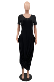 Blue Casual Solid Patchwork V Neck Straight Dresses