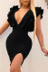 Black Fashion Sexy Solid Backless Slit Stringy Selvedge V Neck Sleeveless Dress