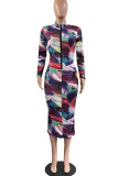 Multicolor Casual Print Patchwork Zipper Collar One Step Skirt Dresses