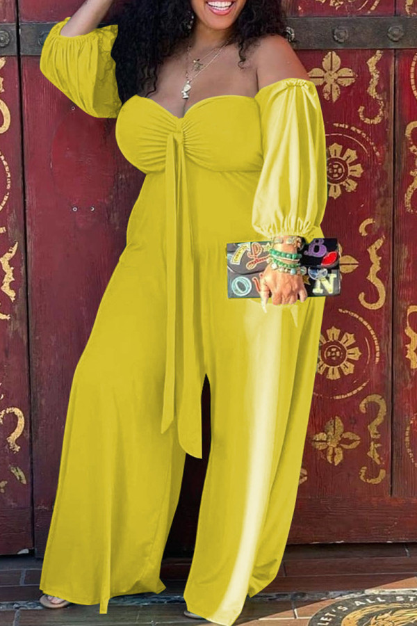 Yellow Casual Solid Bandage Split Joint Strapless Plus Size Jumpsuits
