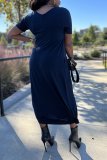 Blue Casual Solid Patchwork V Neck Straight Dresses
