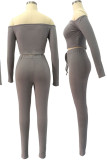Grey Casual Solid Split Joint Off the Shoulder Long Sleeve Two Pieces
