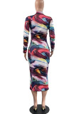 Multicolor Casual Print Patchwork Zipper Collar One Step Skirt Dresses