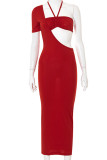 Red Sexy Solid Hollowed Out Patchwork Asymmetrical One Shoulder Pencil Skirt Dresses