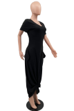 Blue Casual Solid Patchwork V Neck Straight Dresses