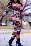 Multicolor Casual Print Patchwork Zipper Collar One Step Skirt Dresses
