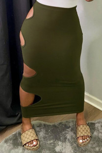 Army Green Sexy Casual Solid Hollowed Out High Qaist Skirt