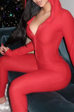 Red Fashion Casual Letter Embroidery Solid Color Hooded Collar Skinny Jumpsuits