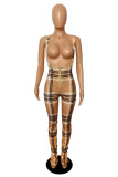 Khaki Fashion Casual Plaid Print Basic Spaghetti Strap Regular Jumpsuits